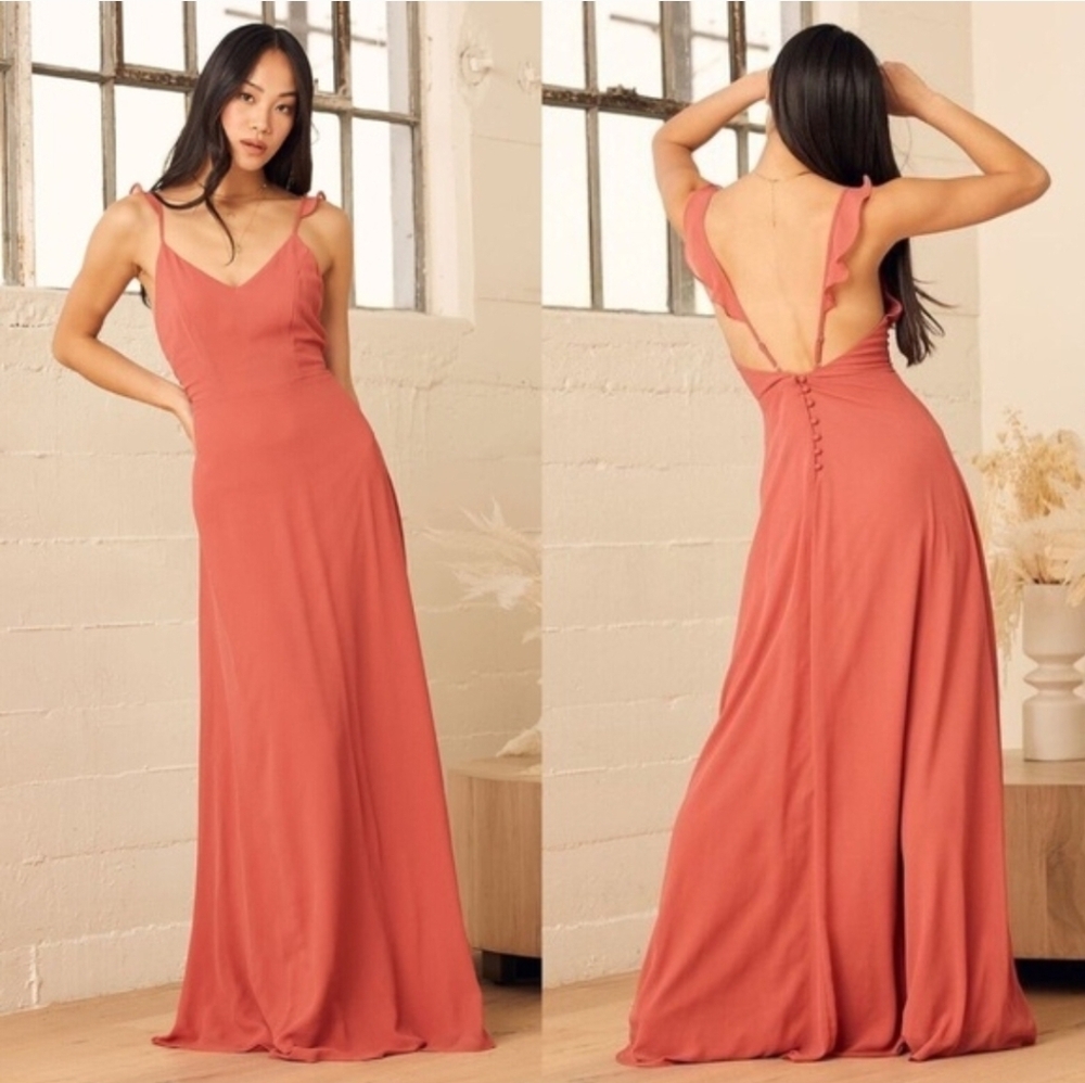 LULUS Meteoric Rise Rusty Rose Chiffon Button-up Open Back Maxi Dress Size Small